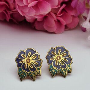 Vintage Laurel Burch Multicolor Enamel Stud Earrings 0.75" Gold Tone Floral